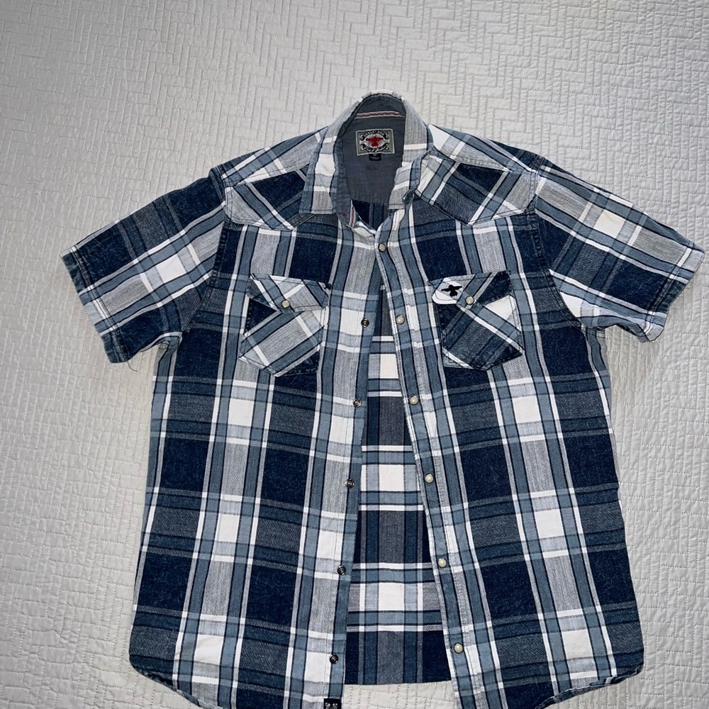 Desert Son Flag & Anthem Men's Blue Plaid Short Sleeve Button Down Shirt Medium